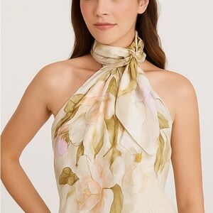 Salvatore Ferragamo Floral Green and Cream Silk Scarf Vintage